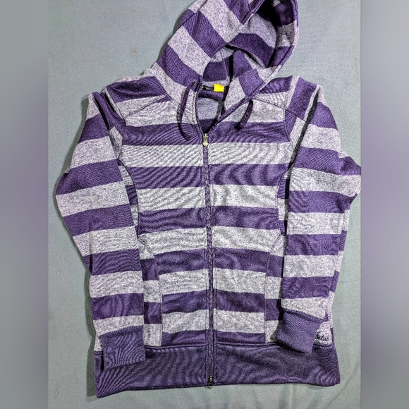 Cabela's Sweaters - Cabela's hooded sweater jacket‎ zip up purple gray striped Large
